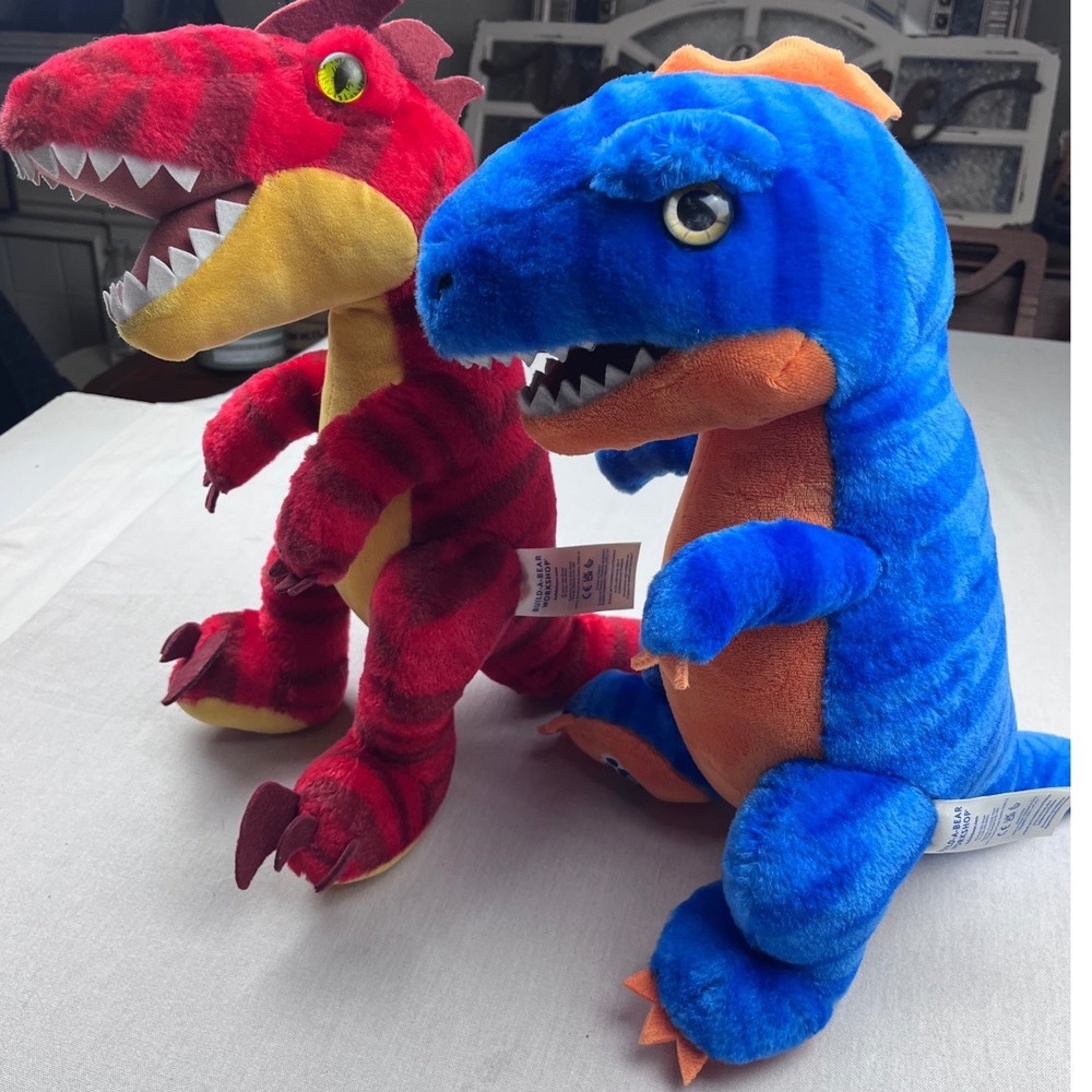 Build-A-Bear Workshop Dinosaur Plush Lot Red Raptor & Blue Stripe T-Rex Stuffed